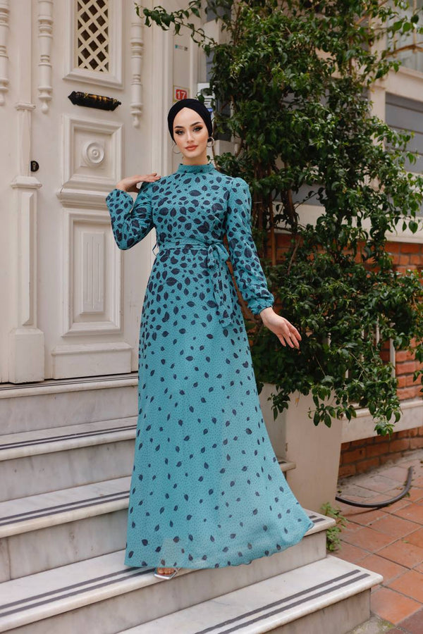DMN Chiffon Dotted Leaf Patterned Maxi Dress - amiiraa